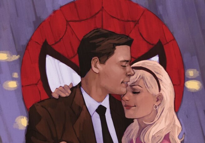 Peter Parker and Gwen Stacy with Spider-Man mask in background