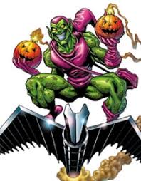 Norman Osborn as Green Goblin on his glider, holding pumpkin bombs in each hand. 