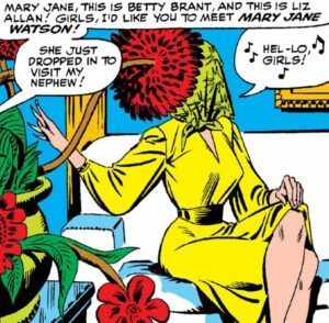 Mary Jane sits in a yellow dress and greets visitors, but her face is obscured. 