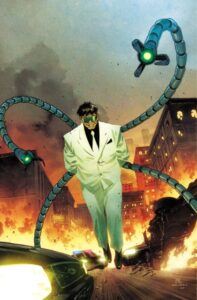 Dr. Octopus in a white suit with his mechanical appendages. 