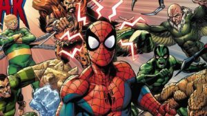 Montage with Spider-Man and Villains, including Doc Ock, Kraven the Hunter and Vulture. 