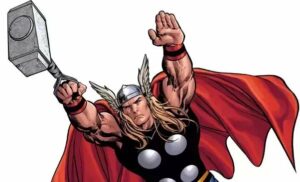 Thor lies through the air with the aid of his hammer, his red cape billowing behind him. 