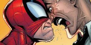 J. Jonah Jameson face to face with Spider-Man screaming at him. 