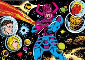 Marvel comic picture of Galactus standing in the cosmos with the images of the Fantastic Four appearing in separate bubbles.