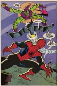 Comic panel: Harry Osborn as Green Goblin is on his glider and attacks Spider-Man with a pumpkin bomb