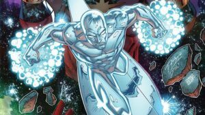 The Silver Surfer gliding through space on his cosmic surfboard. 