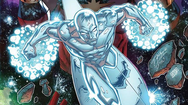 The Silver Surfer gliding through space on his cosmic surfboard.