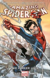 Marvel Comic Cover by Dan Slott: Spider-Man webslinging without his mask. Title is "The Parker Luck"