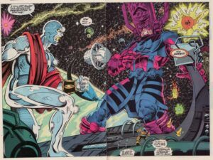 Marvel Comics; Silver Surfer confronts Galactus. 