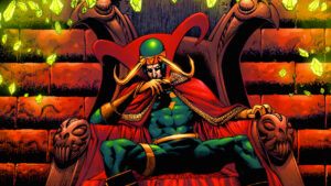 Marvel Comics - Loki sits on throne wearing Dr. Strange's cloak making him the Sorcerer Supreme