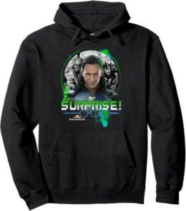 Hoodie sweatshirt with portrait of Tom Hiddleston as Loki with the word Surprise. 