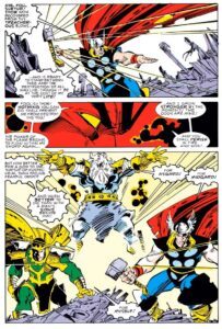 Marvel comic panel from The Mighty Thor #353 - Odin, Thor and Loki fight Surtur. 