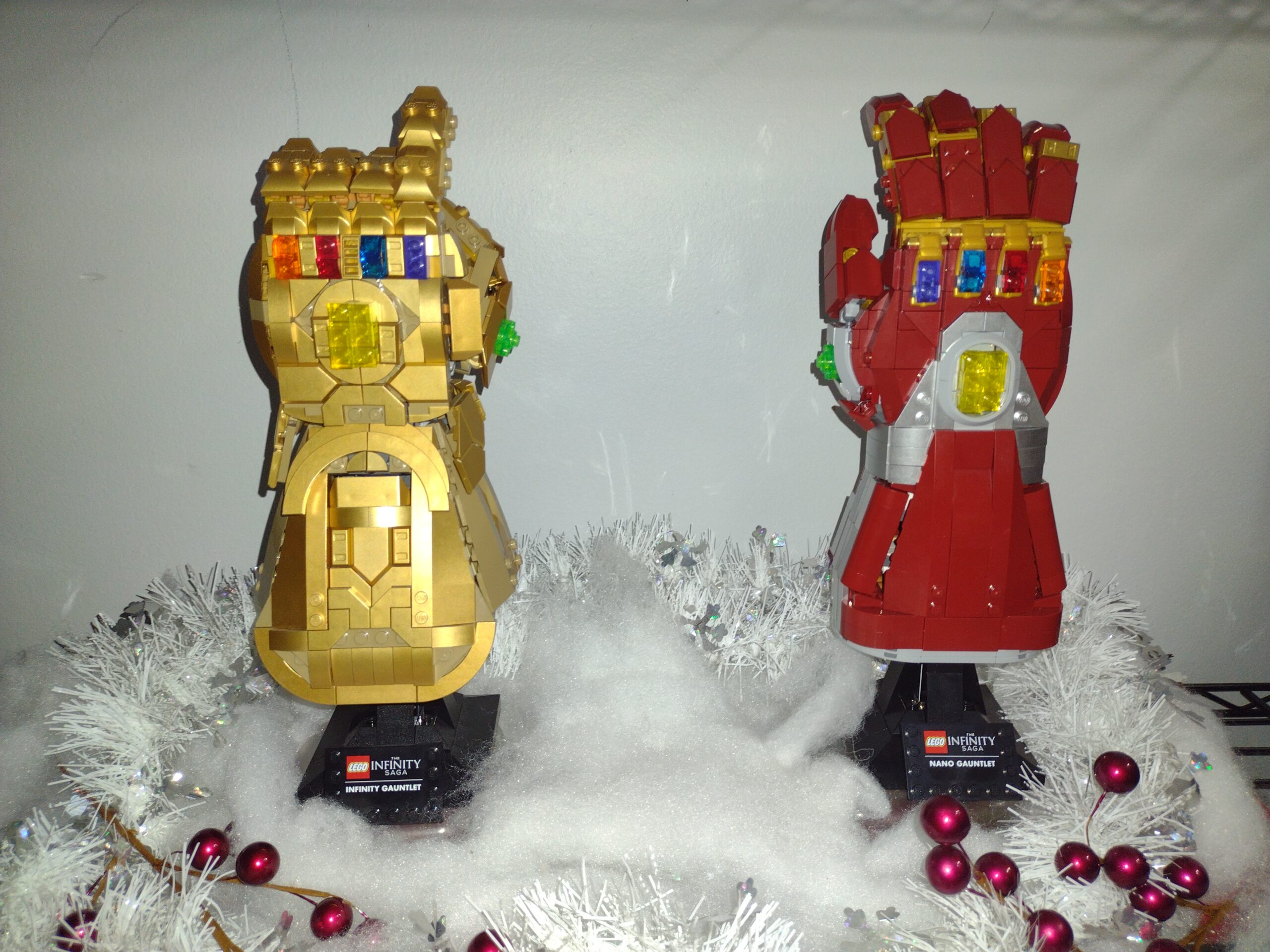 LEGO building sets - Infinity Gauntlet and Nano Infinity Gauntlet displayed for Christmas