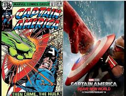 Captain America: Brave New World poster. On the left, shows comic cover with Steve Rogers as Cap, holding shield as the Hulk smashes him with his fist. On the right is new movie poster, with Sam Wilson as Cap, holding the shield as Red Hulk smashes with fist.