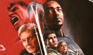 Captain America: Brave New World poster. Red and black background. Harrison Ford as President Ross, with Red Hulk appearing above him. On right, Anthony Mackie as Captain America