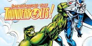 Cover artwork from The Incredible Hulk #449, featuring Hulk holding Citizen V, with text introducing the Thunderbolts.