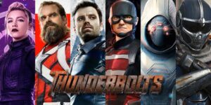 Split image of the MCU Thunderbolts team with Yelena Belova, Red Guardian, Bucky Barnes, U.S. Agent, Ghost, and Taskmaster, with Thunderbolts movie title overlaid.