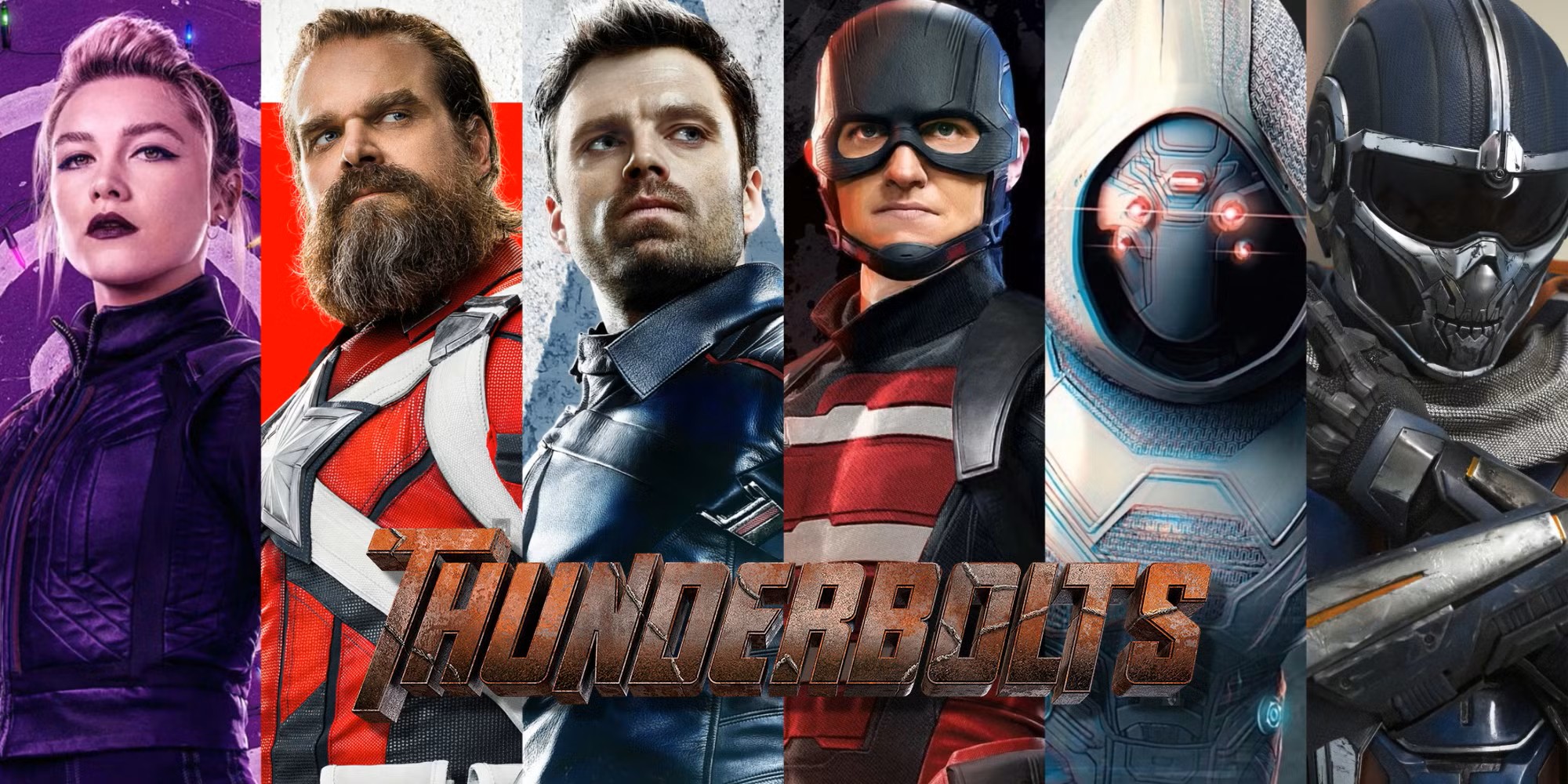Split image of the MCU Thunderbolts team with Yelena Belova, Red Guardian, Bucky Barnes, U.S. Agent, Ghost, and Taskmaster, with Thunderbolts movie title overlaid.