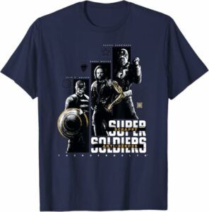 Official Marvel Thunderbolts T-shirt featuring MCU anti-heroes U.S. Agent, Winter Soldier, and Red Guardian. Includes “Super Scrappy Soldiers” and “Anti-Heroes” text with Thunderbolts logo. Ideal apparel for Marvel fans and collectors of superhero team gear.
