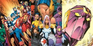 Comic artwork showing Marvel’s Avengers, various Thunderbolts team members including Bucky Barnes and Moonstone, and Baron Zemo in his Citizen V mask.