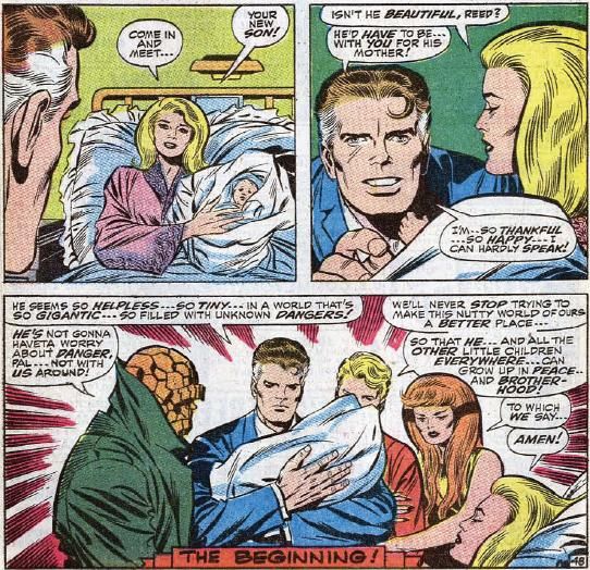 Marvel Comics page, The Fantastic Four. The birth of Franklin Reed, the Richards's first child. Sue is in hospital bed, surrounded by Reed, Johnny, Ben Grimm and Alicia Masters. 
