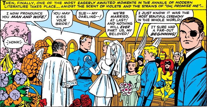 Fantastic Four comics - Reed and Sue Richards wedding. They say their vows in the presence of Marvel superheroes including Iron Man, Thor and Nick Fury. 