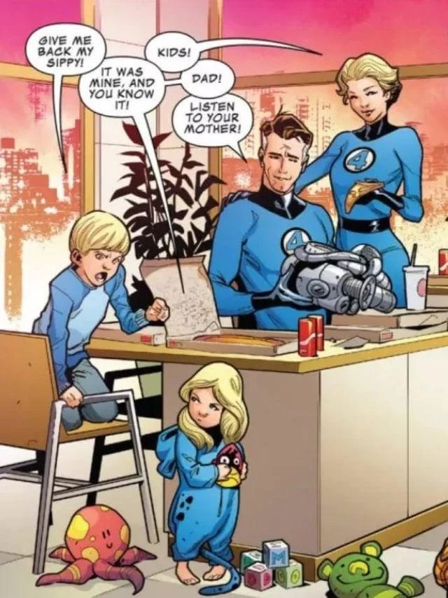 Marvel Comics panel - Reed and Susan Richards in the kitchen with their children Franklin and Valeria. The children are arguing, while Reed says, "Listen to your mother." 
