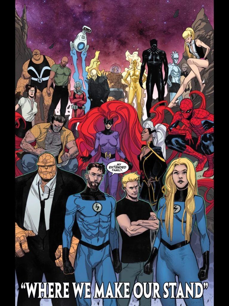 Reed Richards with the Fantastic Four's extended family of former members
