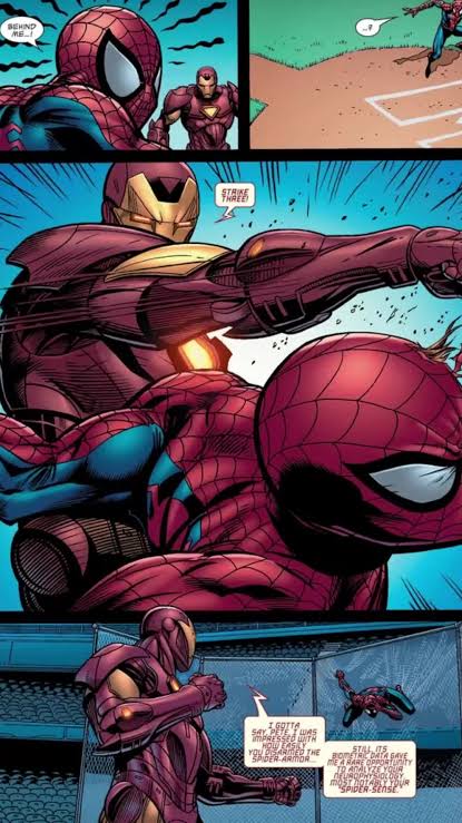 Iron Man attacks Spider-Man after taking control of the Iron Spider armor