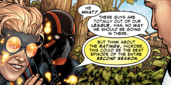 The New Warriors discussing whether to confront supervillains while filming their reality show in Stamford