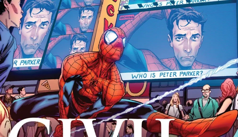 Spider-Man surrounded by television screens showing Peter Parker after his identity becomes public