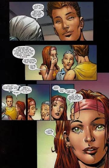 Peter Parker discussing his decision to reveal his Spider-Man identity with Mary Jane and Aunt May